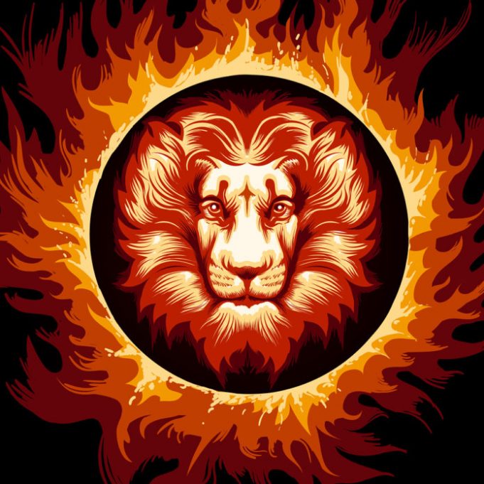 Lion head in Flame. Zodiac symbol Leo on fire background. Vector illustration.