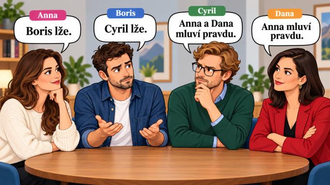 Čtyři lidé sedí u stolu a každý řekne jednu větu. Kdo z nich lže